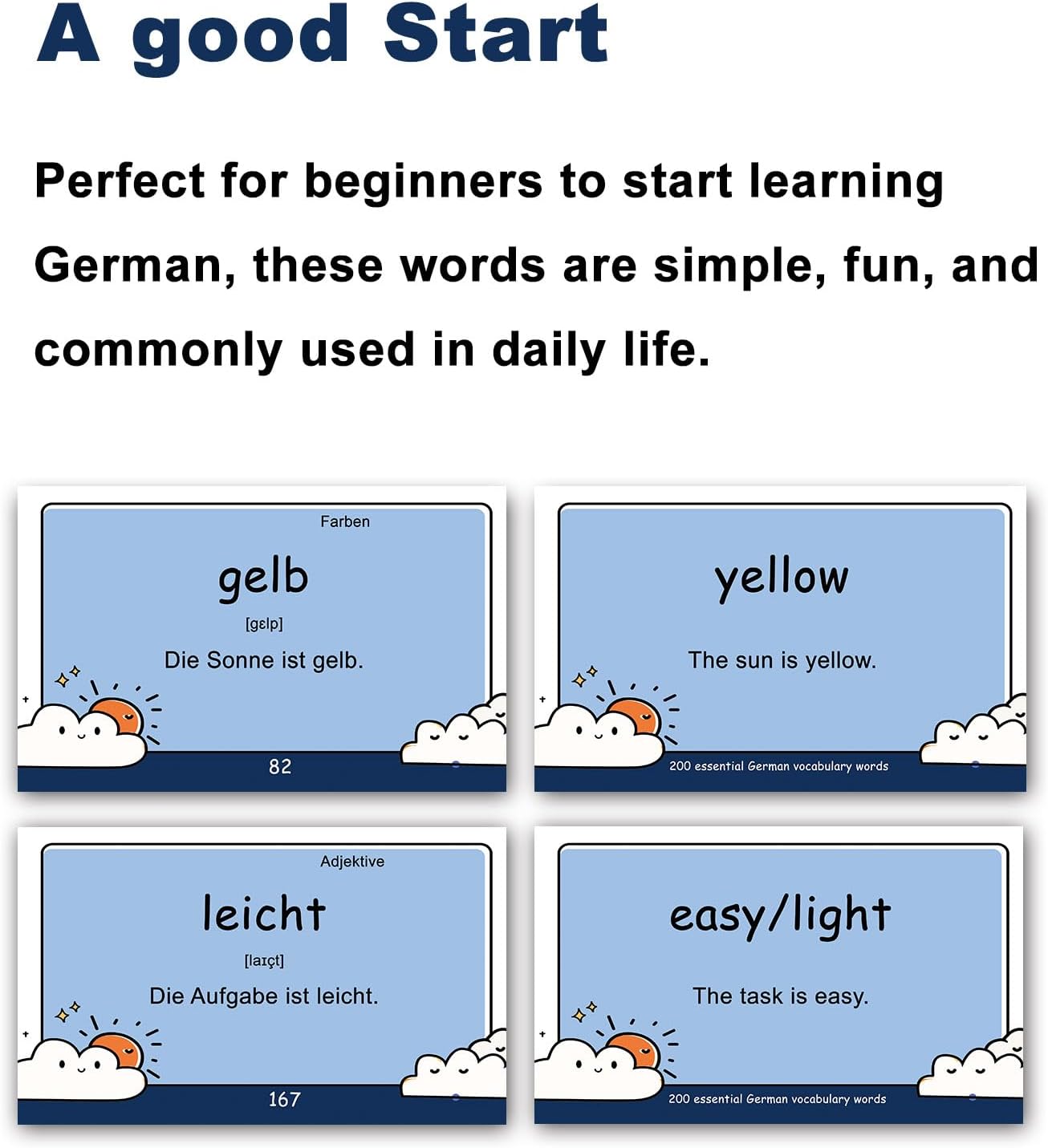 200 Essential German Words Vocabulary Flash Cards Flashcard for Beginners Adults | Learn German for Beginners Adult
