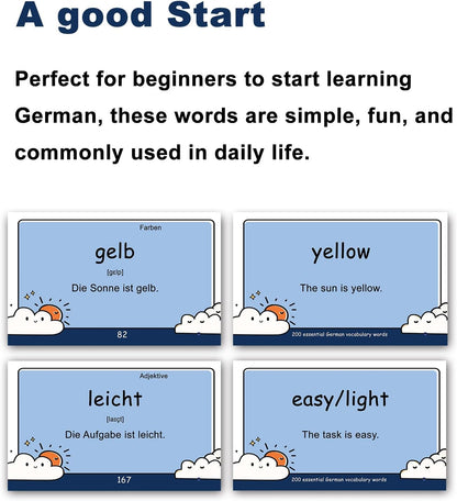 200 Essential German Words Vocabulary Flash Cards Flashcard for Beginners Adults | Learn German for Beginners Adult