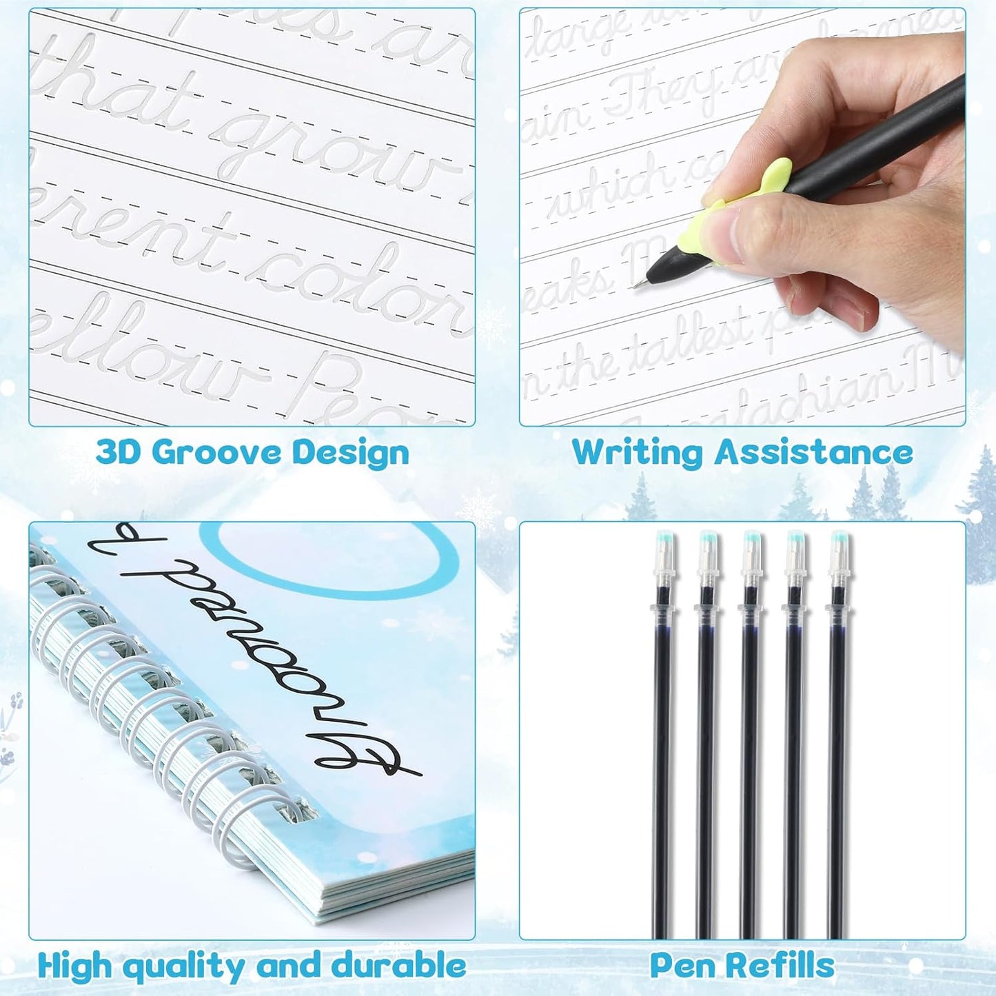 chiazllta Grooved Cursive Handwriting Workbook with Disappearing Ink Pens Magic Reusable Grooved Cursive Writing Practice for Beginners Kids Kickoff Student Workbook Homeschooling Supplies (Letters)
