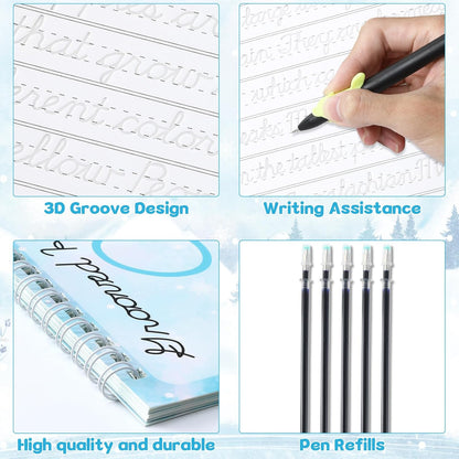 chiazllta Grooved Cursive Handwriting Workbook with Disappearing Ink Pens Magic Reusable Grooved Cursive Writing Practice for Beginners Kids Kickoff Student Workbook Homeschooling Supplies (Letters)