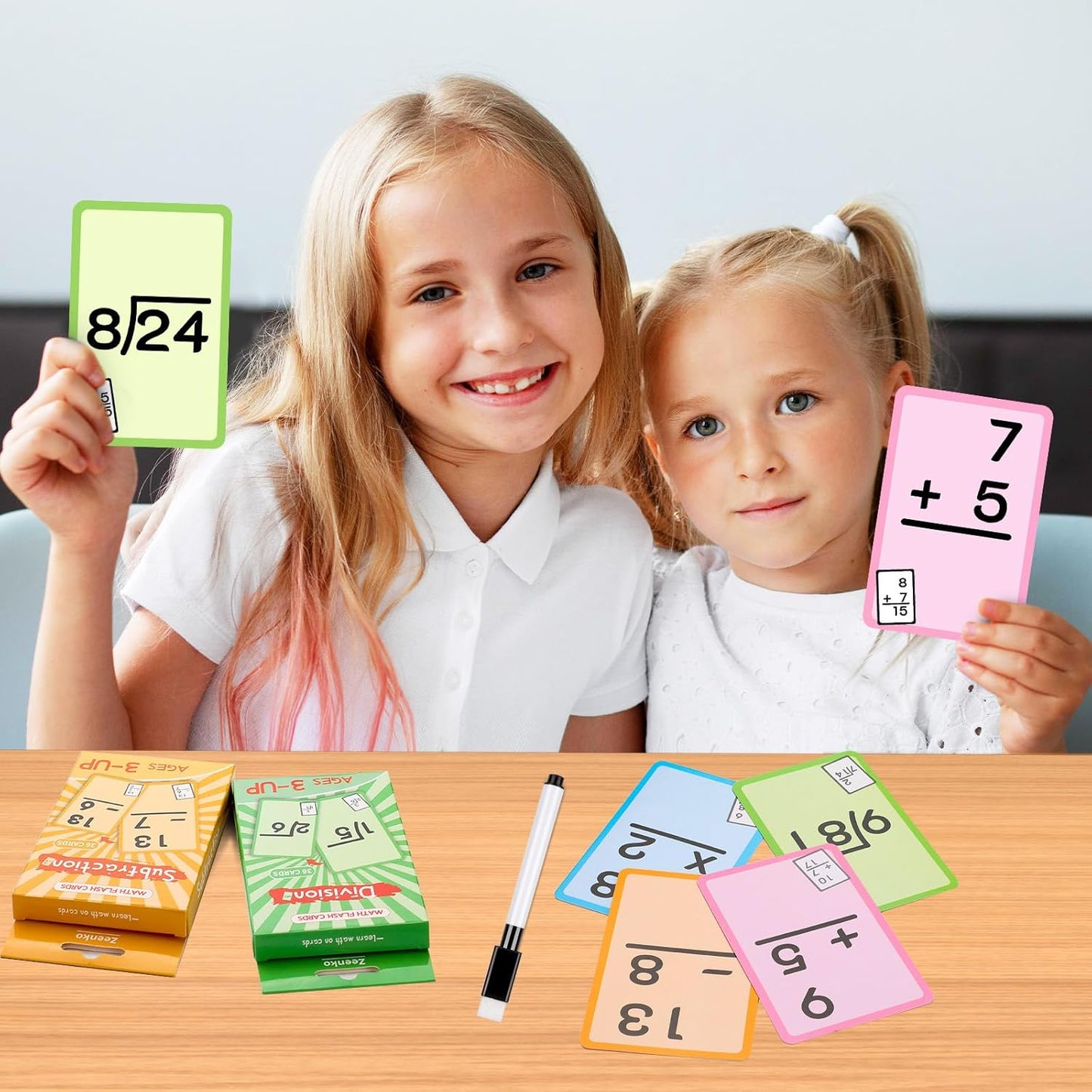 Math Flash Cards Set of Multiplication Division Addition Subtraction with 4 Dry Erase Pens, 144 Flash Cards from 1st to 4th Grade or Kindergarten Homeschool Supplies