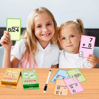 Math Flash Cards Set of Multiplication Division Addition Subtraction with 4 Dry Erase Pens, 144 Flash Cards from 1st to 4th Grade or Kindergarten Homeschool Supplies