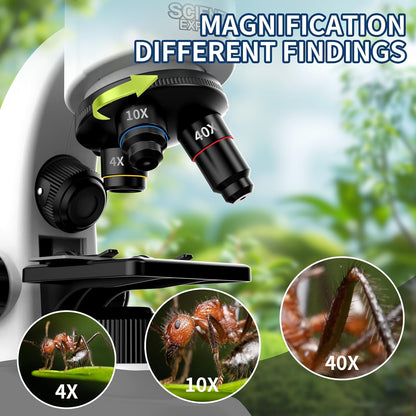 Microscope for Kids Scientific Experiment Kit 40X-1600X Magnification LED Light Educational STEM Kit with Slides and Lab Tools (Blue)