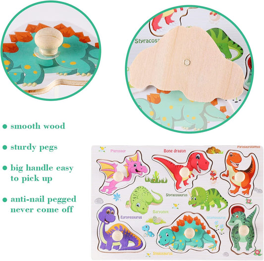 Wooden Peg Puzzles for Toddlers 1-3, Kids' Educational Preschool Peg Puzzle Toy, Set of 3 Toddler Puzzles - Traffic, Dinosaur, and Fruit, Ideal Gift for Ages 1 2 3 Boys and Girls
