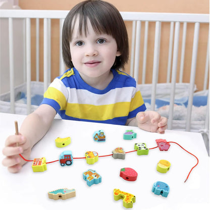 BMTOYS Montessori Educational Threading Toys Wooden Stringing Farm Animals Fruits Lacing Beads Preschool Toy for Toddler 3 4 5 Year Old Boys Girls
