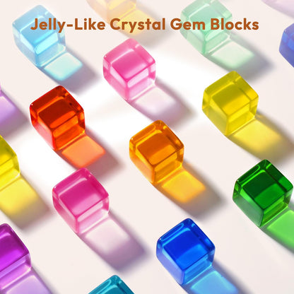 Woodtoe Wooden Building Blocks Set for Kids, 36 PCS Rainbow Acrylic Gem Blocks - 3 Wood House, Montessori Stacking Toy for Toddlers, Educational STEM Birthday Creative Toy Gift for Boys Girls 3-6