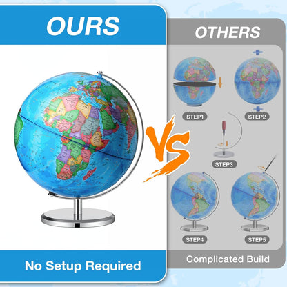 BSHAPPLUS 13 inch Large Globe for Classroom & Home Learning, Political Globe with 195+ Countries, Dry Erase & Waterproof Surface, Solid Stainless Steel Base (No Assembly Required)