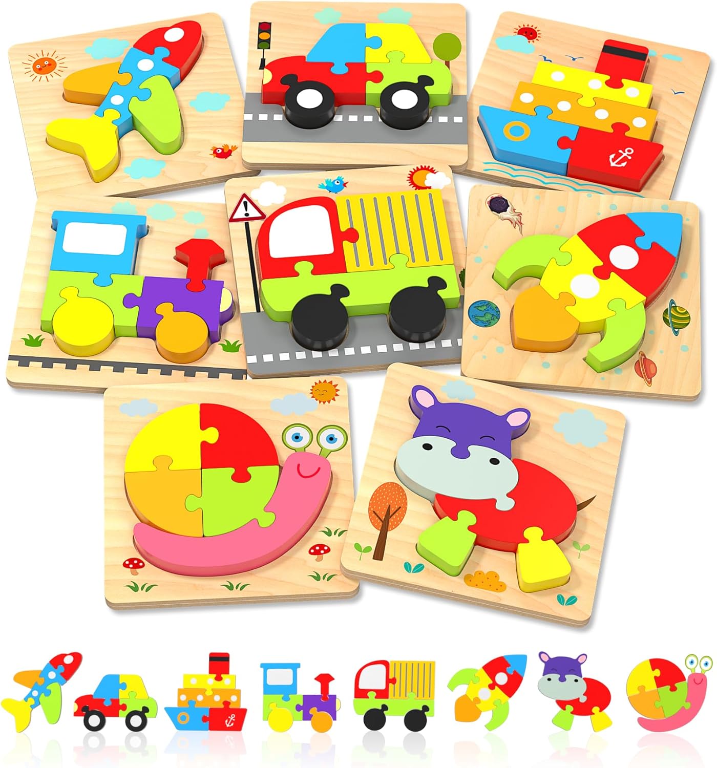 Yetonamr Wooden Toddler Puzzles Gifts Toys for 1 2 3 Years Old Boys Girls, 6 Vehicle Shape Montessori Toys Educational Blocks Kids Toys Gift Baby Learning Toy Age 1-3, 2-4