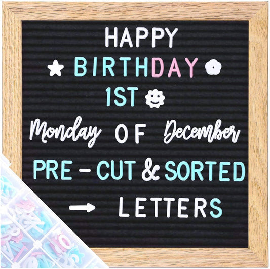 Felt Letter Board Message Board 10x10inch with Stand,Pre-cut&Sorted 805pcs White,Blue&Pink Changeable Letters+Weeks &Months Cursive Words,Word board Sign board with Sorting Tray&Gift Box(Gray)