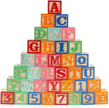 Wooden ABC Toy Building Blocks for Toddlers 1-3 36 PCS Wood Alphabet Number Blocks for Stacking Learning Preschool Educational Montessori Sensory Toys for Kids Boys Girls Gifts 1.7"