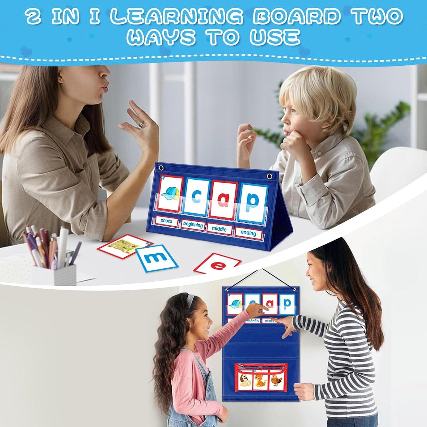 CVC Words Phonics Pocket Chart, 100+ Flash Cards Interactive Word Building Kit, Portable Desktop & Hanging Chart for Preschool & Kindergarten