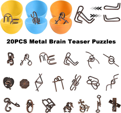 GOLDGE 24 Pack Easter Eggs Filled with Brain Teaser Puzzle Set for Adults & Kids, Ancient Wooden & Metal 3D Puzzles, IQ Logic Games for Easter Basket Stuffers & Party Favors, Egg Hunt, Family Fun