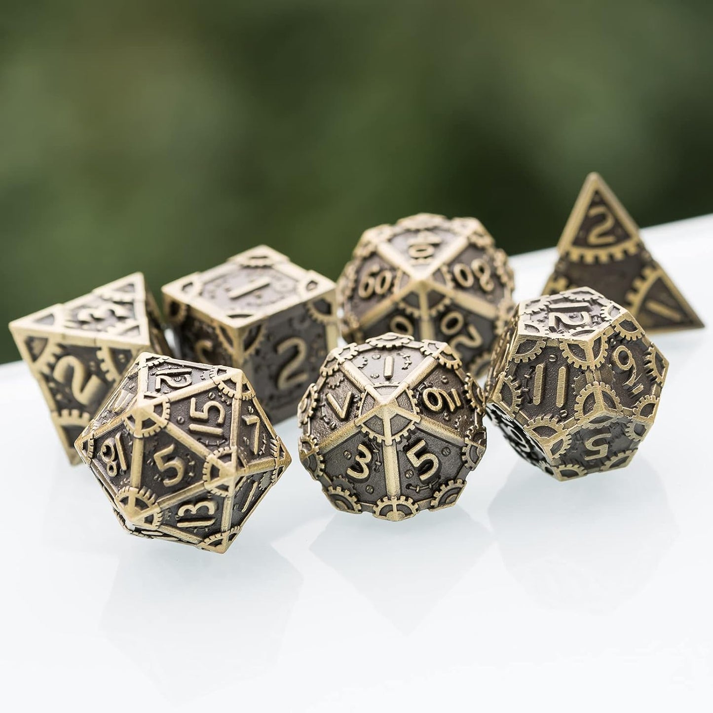 UDIXI Steampunk Metal Dice Set, 7 Die Polyhedral DND Dice Set for D&D Role Playing Game and Math Teaching (Ancient Copper)