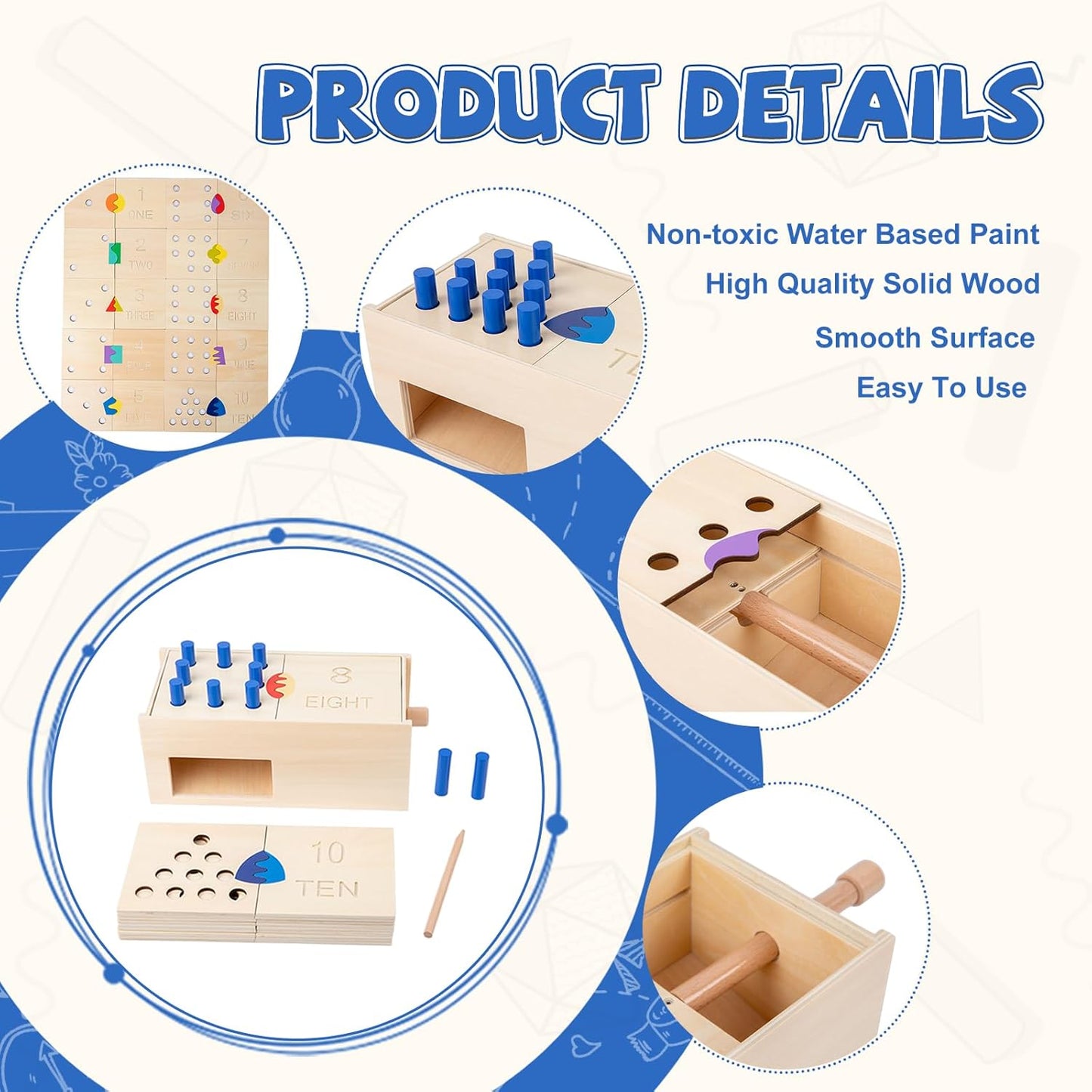 Wooden Montessori Toddler Counting Peg Board Box - Numbers & Math Toys for 1-3 Year Olds