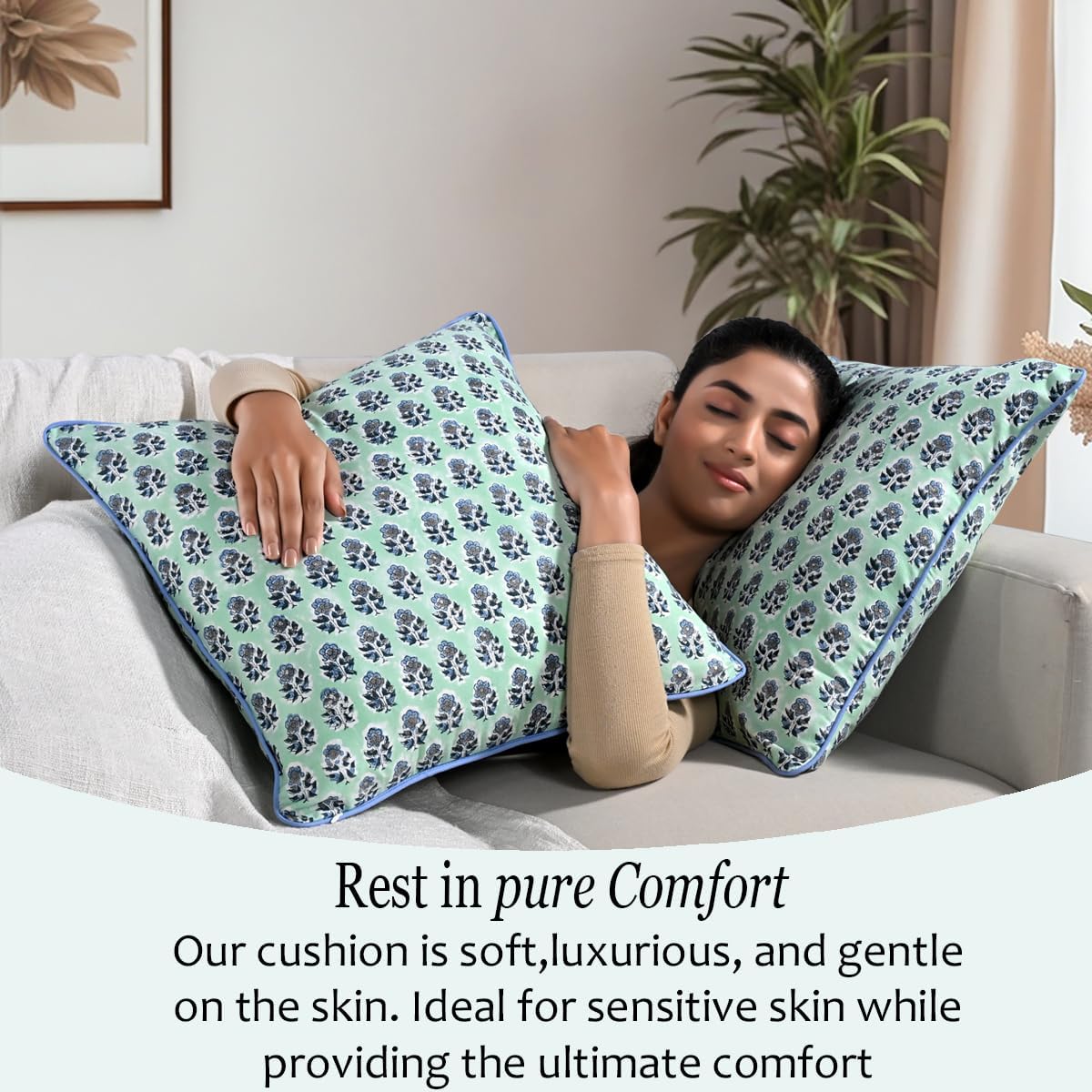 CPC 100% Cotton Throw Pillow Covers 18x18 Inch, Set of 2 Green Block Print Pattern Couch Pillow, Cute Boho Decorative Pillows for Living Room, Bedroom with Hidden Zipper- Agate Green