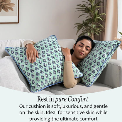 CPC 100% Cotton Throw Pillow Covers 18x18 Inch, Set of 2 Green Block Print Pattern Couch Pillow, Cute Boho Decorative Pillows for Living Room, Bedroom with Hidden Zipper- Agate Green