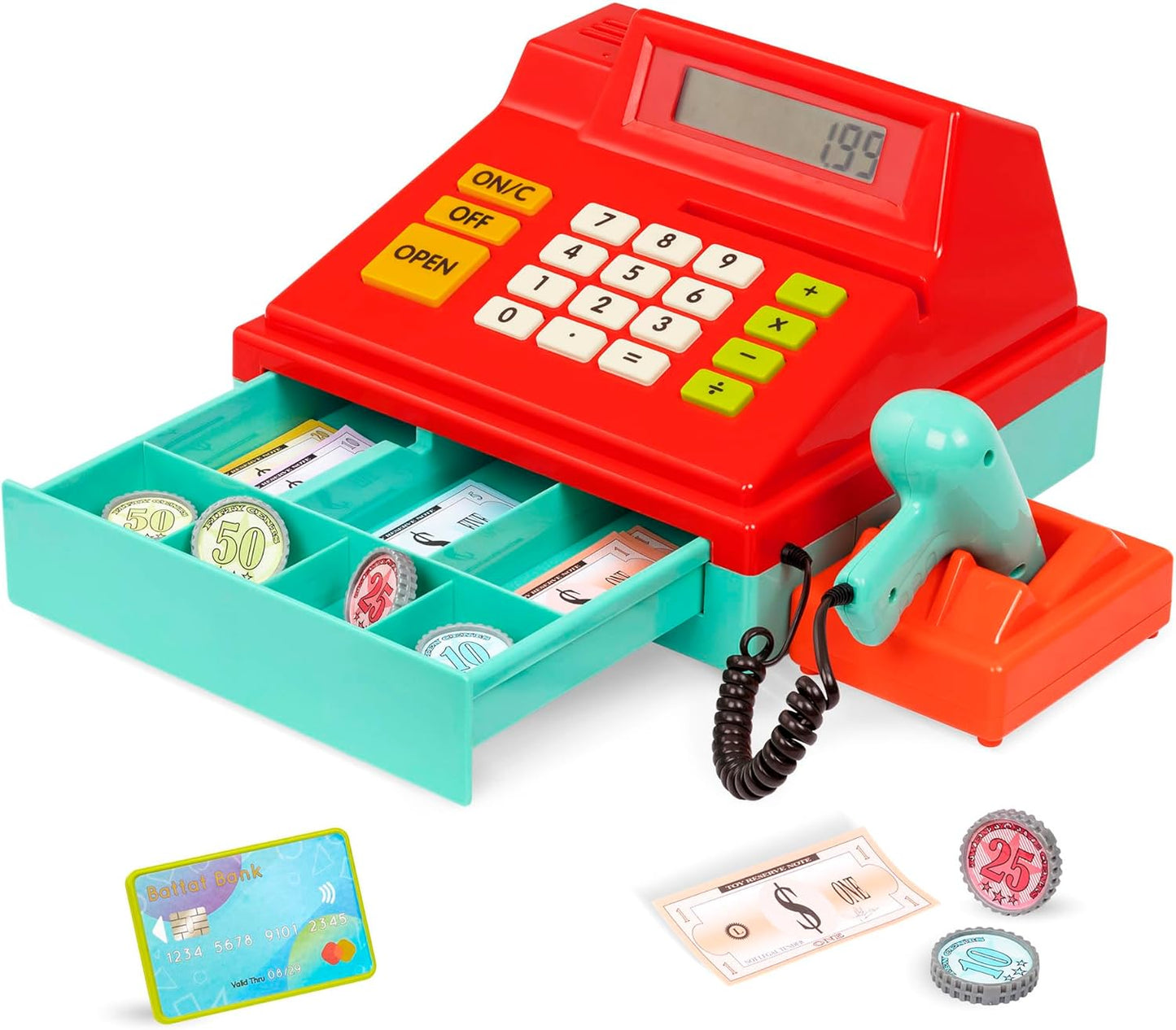 Battat – Interactive Kids Cash Register with Scanner & Sounds – 26 Pieces Pretend Play Shopping Set with Light – Up Scanner, Play Money & Card – Educational Toy for Learning & Fun – 3+ Years