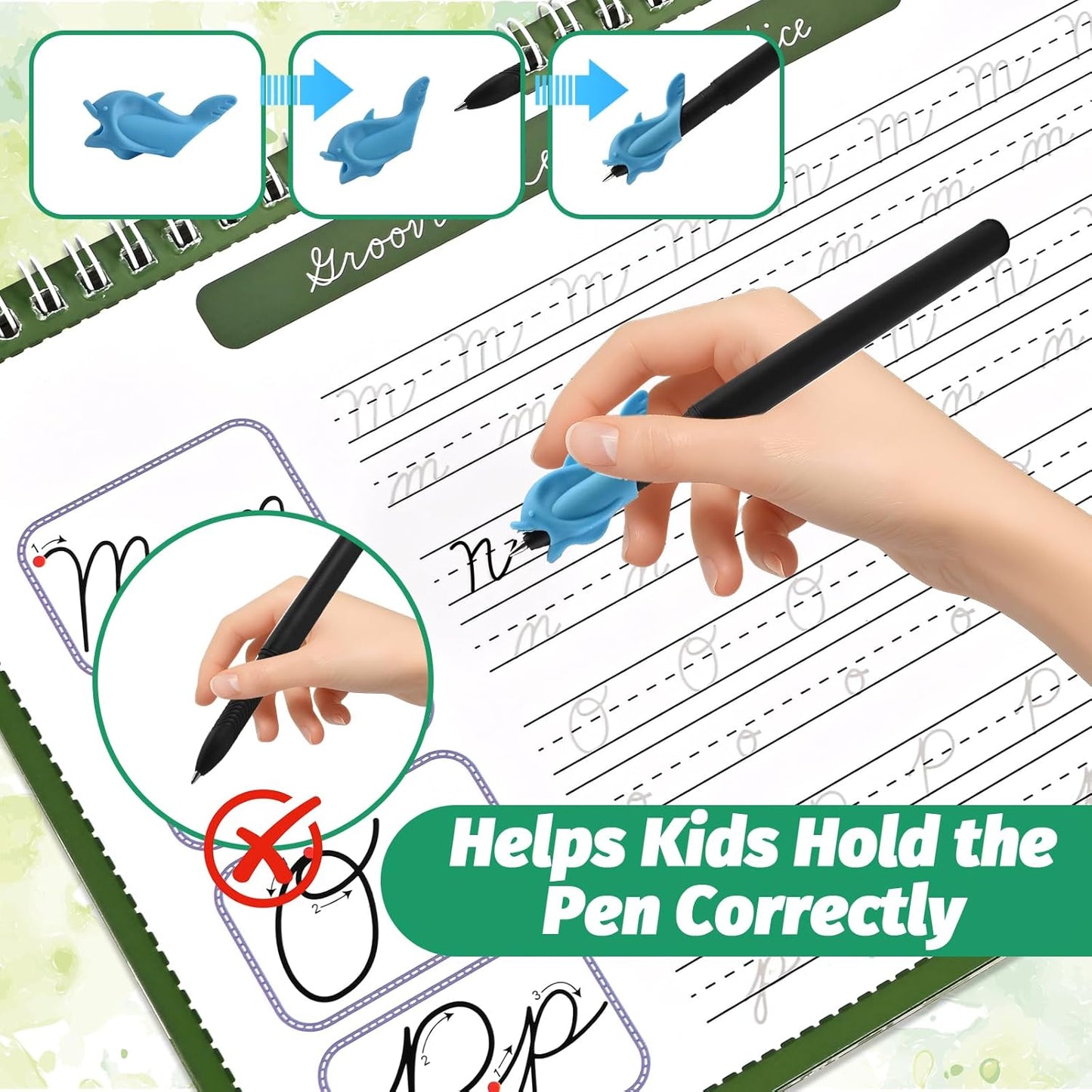 4-Pack Reusable Grooved Cursive Handwriting Workbooks with Disappearing Ink Pens, Cursive Practice Kit for Letters, Words, Sentences & Reading, Cursive Handwriting Workbook Ages 6–12