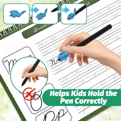4-Pack Reusable Grooved Cursive Handwriting Workbooks with Disappearing Ink Pens, Cursive Practice Kit for Letters, Words, Sentences & Reading, Cursive Handwriting Workbook Ages 6–12