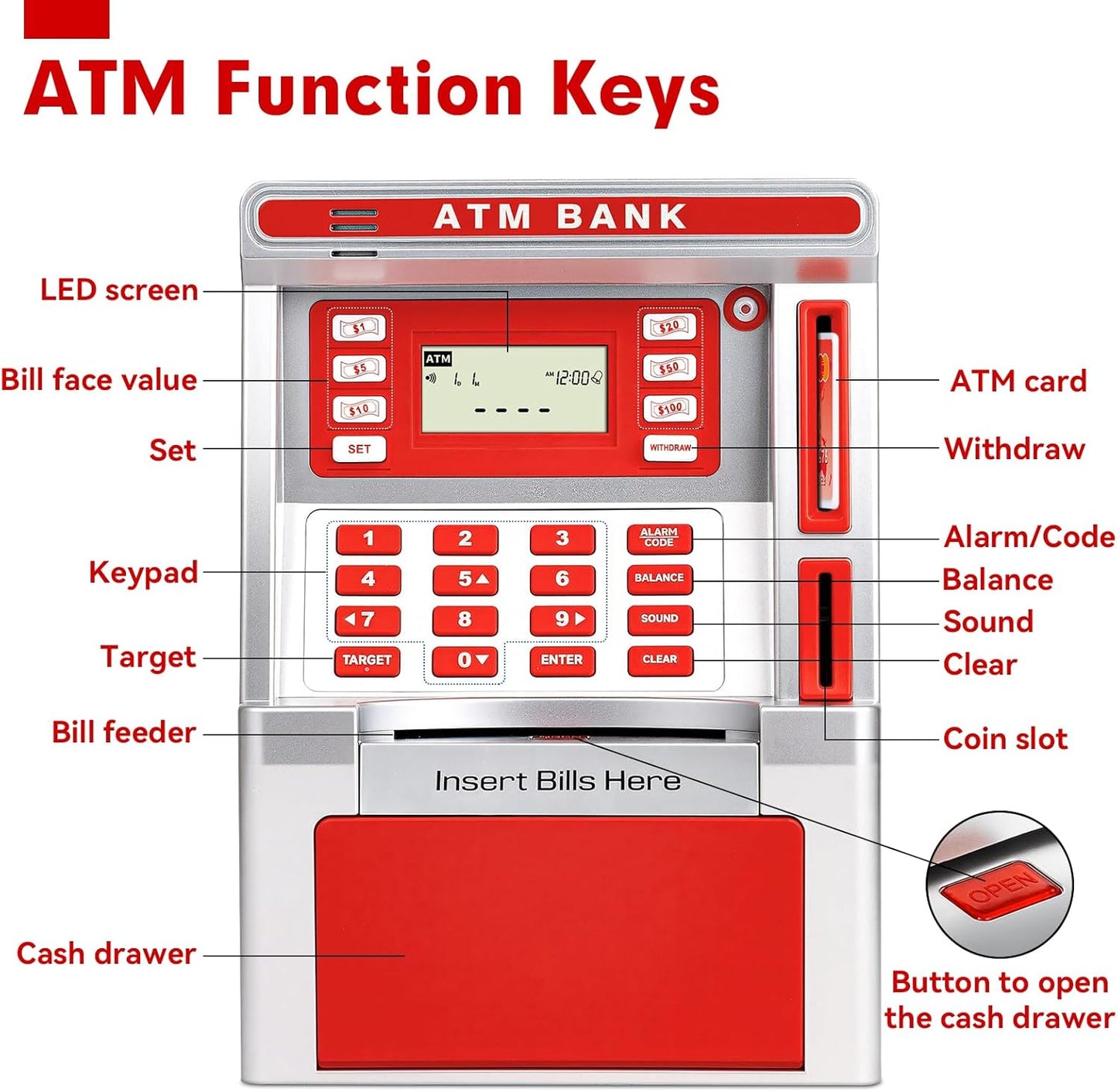 BAODLON Piggy Bank for Kids, ATM Machine Bank for Real Money with Debit Card, Bill Feeder, Coin Recognition, Balance Calculator, Electronic Savings Safe Box, Cool Stuff Toys Gifts for Teen Boys Girls
