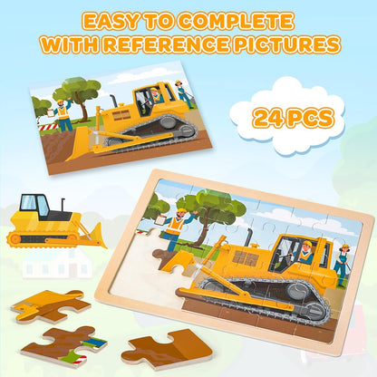 Puzzles for Kids Ages 4-6, 4 Packs 24 Pcs Wooden Jigsaw Puzzles for Toddlers Ages 2-4, Preschool Educational Vehicle Puzzle Toys Gifts for 3 4 5 6 Boys Girls