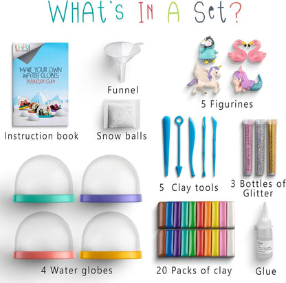 Kipipol Make Your Own Holiday Water Globe Kit – 3X DIY Snow Globe Making Kit w/ 3 Figures, 10 Packs of Modeling Clay for Sculpting, Crafts for Girls Ages 4-6, Arts and Crafts for Kids Ages 4-6-8-12