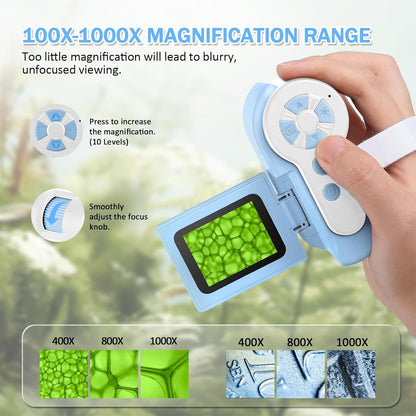 1000X Microscope for Kids 8-12, 4K HD Screen with 6 LED Lights, Portable Microscope for Outdoor STEM Learning, Rechargeable Science Kit, Birthday Easter Gifts for Kids
