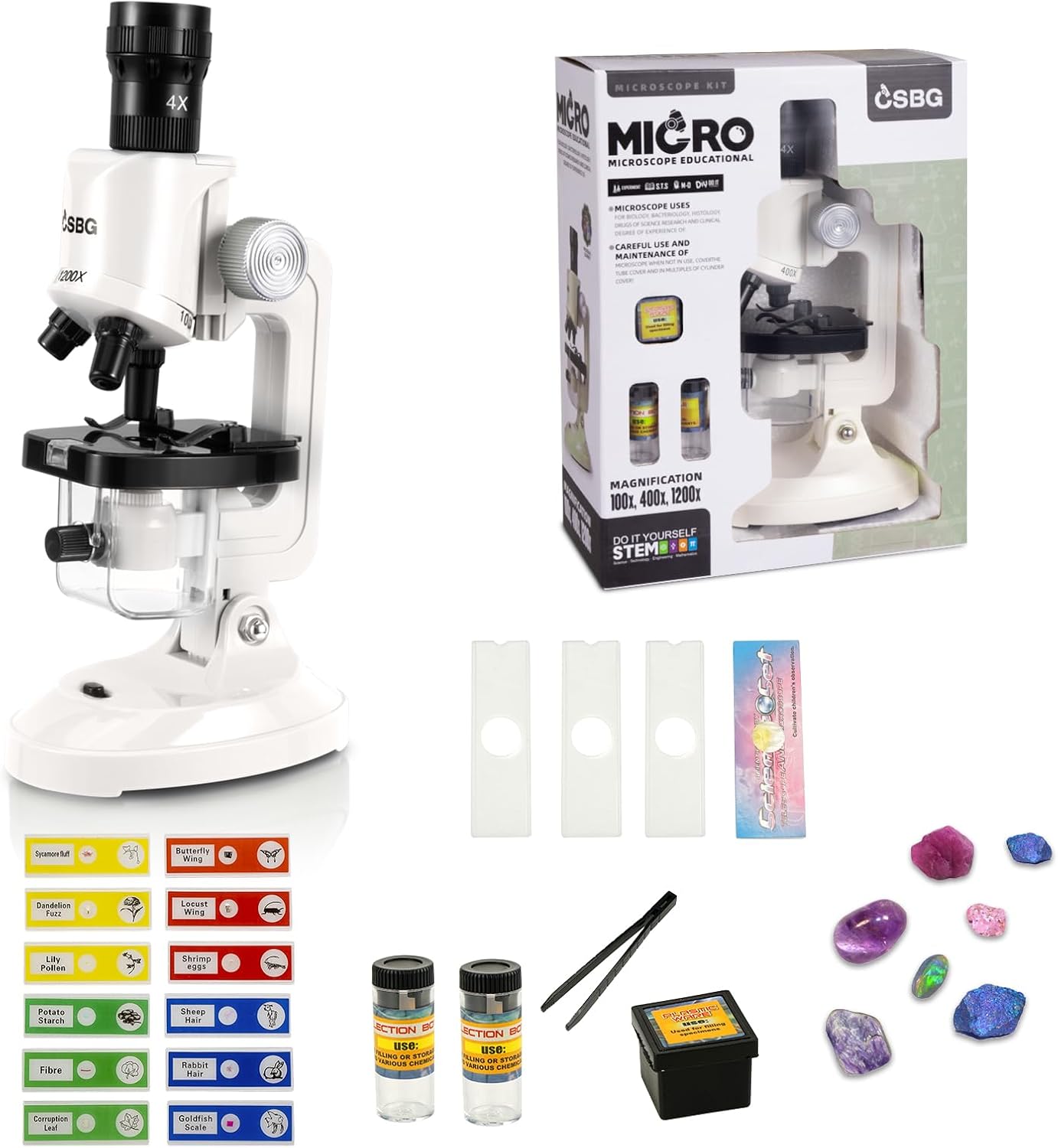 Kids Microscope Kit with LED Light - 100X/400X/1200X Magnification for STEM Learning, 12 Prepared Slides, Easy-to-Use Science Learning Kit (Ages 5-12) - Yellow