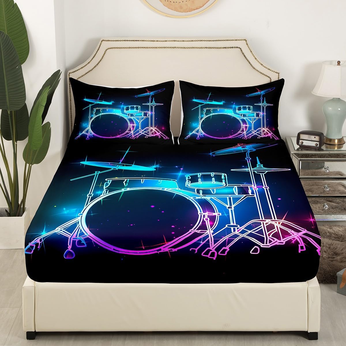 Drum Kit Fitted Sheet,Full Size Rock Music Collections Musical Instruments Theme,Soft Decorative Fabric Bedding Deep Pocket for Children Teens Young Boys Girls,with 2 Pillowcases