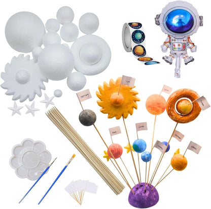 THINNGEN Solar System Model for Crafts, 54 Pack Solar System Project Kit Includes Polystyrene Foam Balls, Flags, Brushes, Sticks, Color Set, Mixing Tray, Stickers, Balloon for DIY Learn Planets