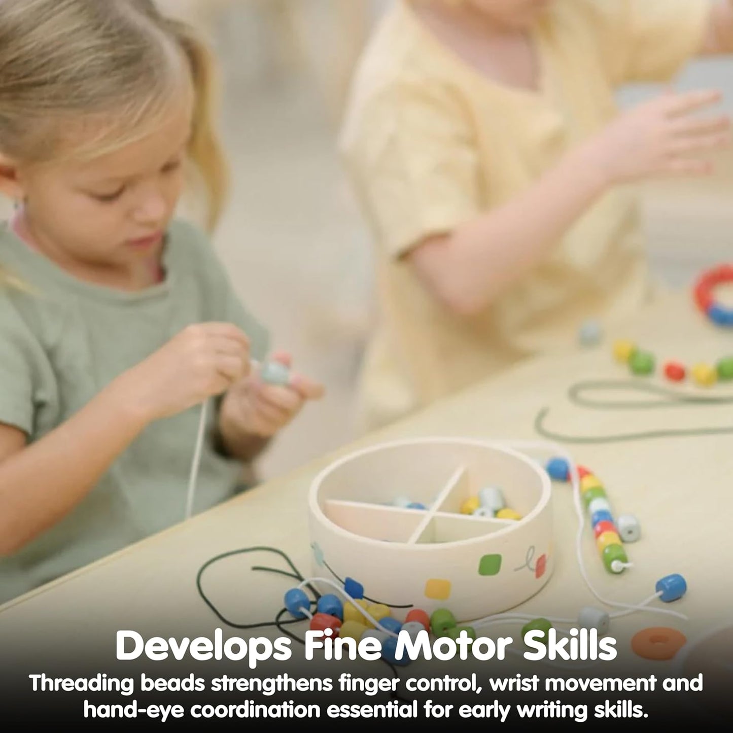 PlanToys® Threading Beads | Montessori Wooden Bead Stringing Toy for Toddlers 6M+ | Develops Fine Motor Skills, Hand-Eye Coordination & Sequencing | 60 Beads with 3 Strings & Storage Box