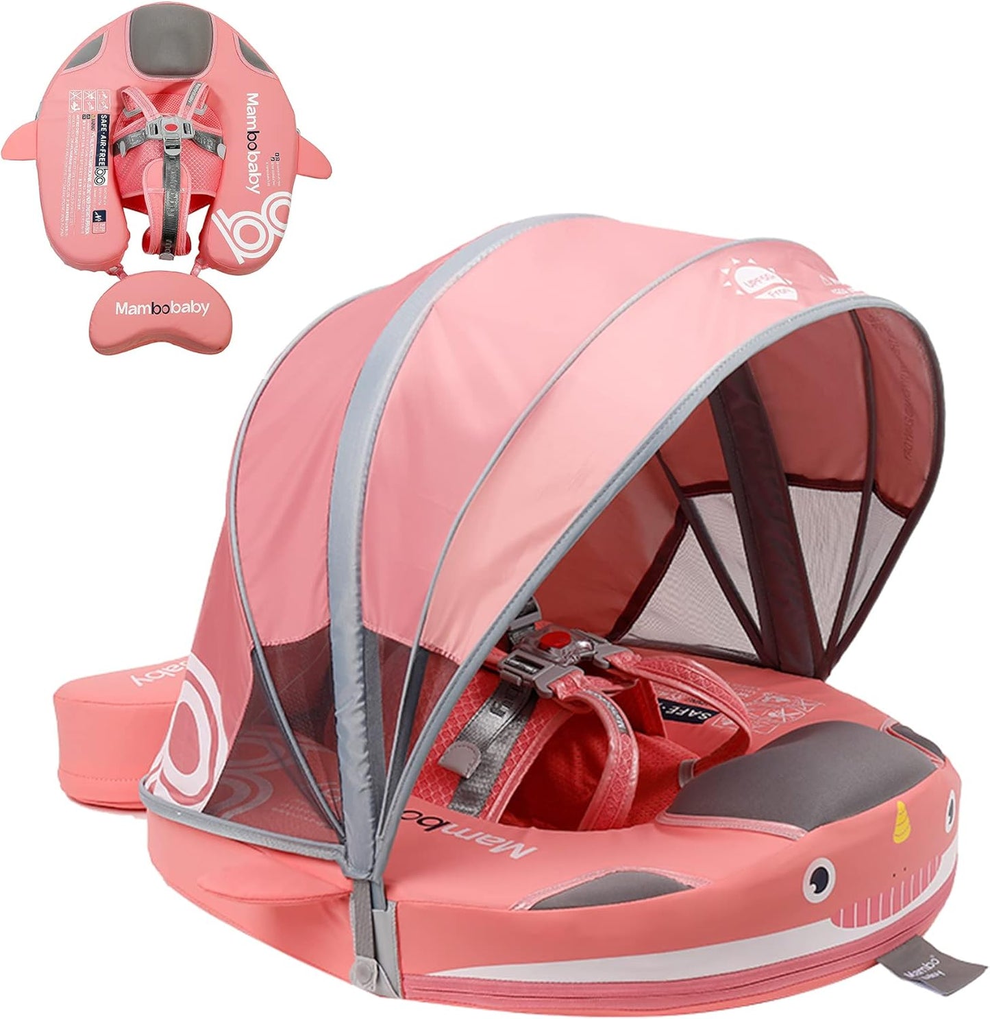 Baby Pool Float with UPF50+ 3D Adjustable Canopy, Add Tail Mambobaby Float Non Inflatable Infant Floats for Pool, Cartoon Narwhal Baby Floats (NPink with Canopy-U05NPCTLUROHML01U05)
