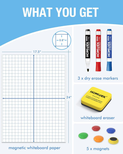 HOMiDEK Magnetic Handwriting Paper for Whiteboard - 17.5x24 in Dry Erase Writing Paper with Lines - Lined Notebook White Board with Markers, Magnet, Eraser