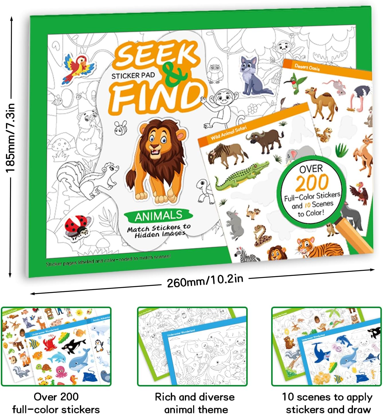 FUNCLASS Sticker Book for Toddlers,Seek and Find Sticker Book with 200+ Animal Stickers,Sticker Activity Book for Kids Travel,Quiet Book:Search the Hidden Animal
