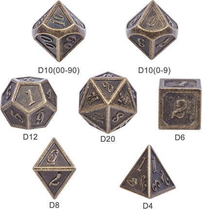 DnDnD Heavy Polyhedral Metal Dice Set with Metal Box, 7-die Shiny Blue Surface with Golden Number for RPG,Dungeons and Dragons,Pathfinder,Shadowrun,D&D,Role Palying Game and Math Teaching - Colors A