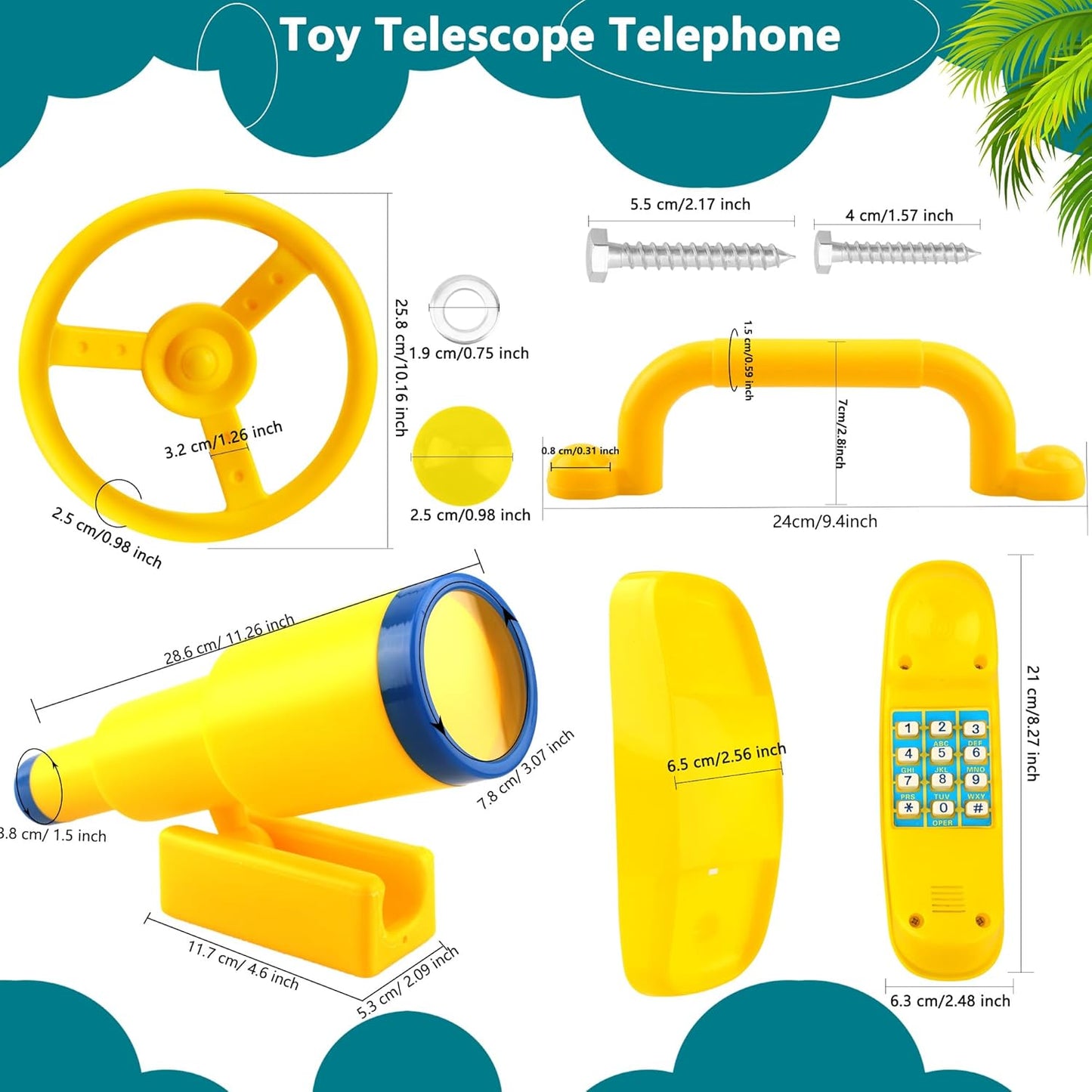 5 Pack Kids Playground Accessories Set Swingset Steering Wheel Plastic Telescope Safety Handles Telephone Toy for Outdoor Playhouse Playset (Color Set 4)