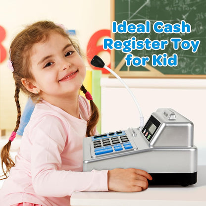 Calculator Cash Register - 103 Pcs Toy Cash Register, Store Set with Microphone, Credit Card and Banking for Kids, Toddler Math Learning Toys, Preschool Gifts for 3, 4, 5, 6, 7, 8+ Years Old Boy Girl
