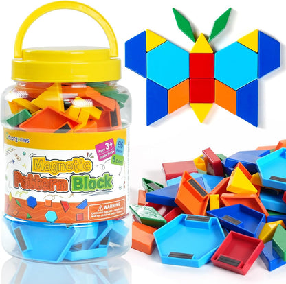 96 Pcs Magnetic Pattern Blocks & Large Shape Magnets Set – Tangram Puzzle, Geometric Shapes, Whiteboard Magnets, Math Manipulatives for Kids Learning