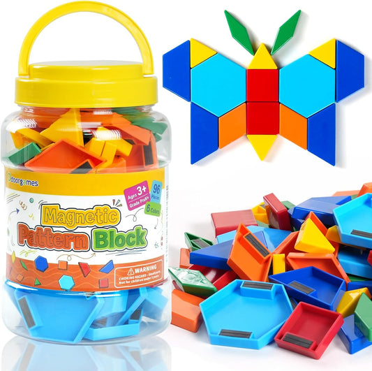 96 Pcs Magnetic Pattern Blocks & Large Shape Magnets Set – Tangram Puzzle, Geometric Shapes, Whiteboard Magnets, Math Manipulatives for Kids Learning