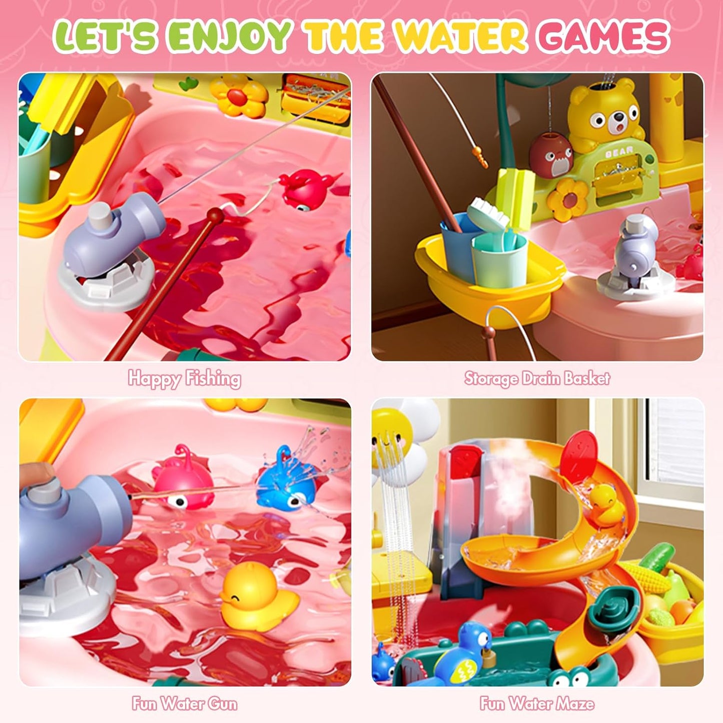 2026 Upgraded Pink Stand Water Table for Toddlers 1-3 - Outdoor Toys for Kids Ages 3-8 with Pump, Summer Outside Sensory Activity Pool Toys, Kitchen Play Sink Toy with Running Water, Fishing Toy