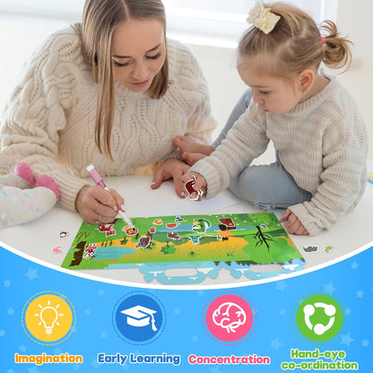 ASTARON Reusable Sticker Book for Toddlers, 88 Pcs Dinosaur Stickers Road Trip Activities Car Airplane Activities Travel Toys for Kids, Kids Quiet Time Activities (2-6 Age)