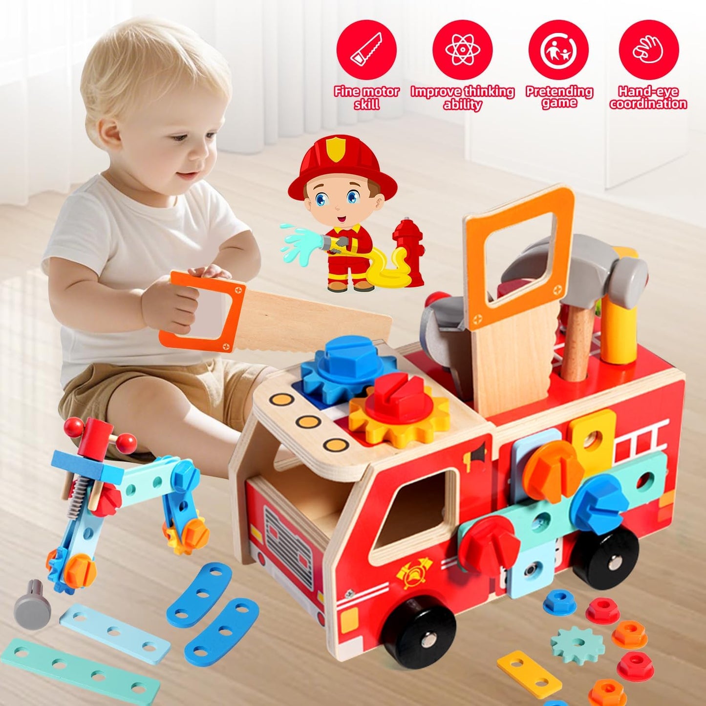 GAIETYDIY Toddler Tool Set - 33 PCS Wooden Kids Tools with Box/Bench/Tool House, Montessori Educational Pretend Play Preschool Toys Gifts for 3 Year Old Boy Girl Kids, STEM Fine Motor Skills Tool Set