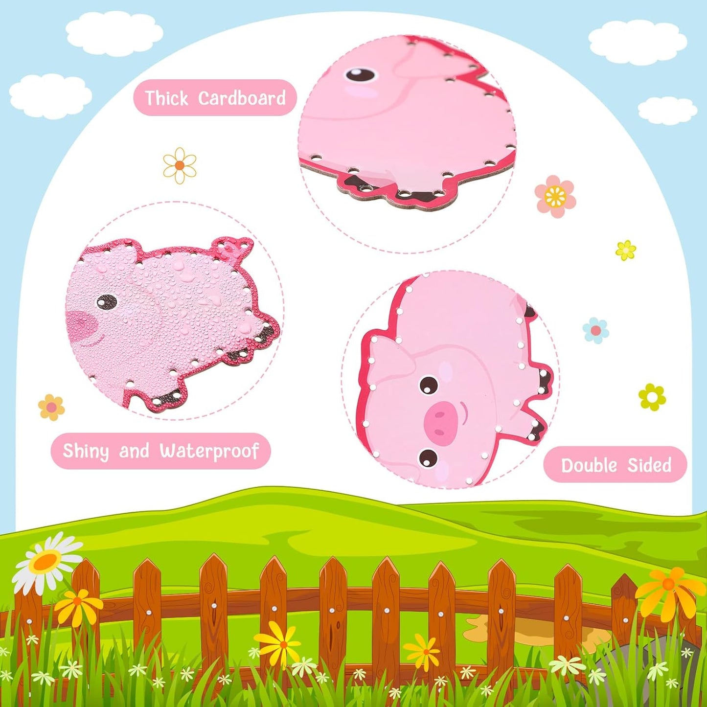 Pajean 10 Pcs Kids Lacing Cards Double Sided Animal Sewing Cards Kits 10 Styles Lacing Toy Crafts for Toddler Ages 3+ Developing Imagination Preschool Learning Activity Supplies(Farm Style)