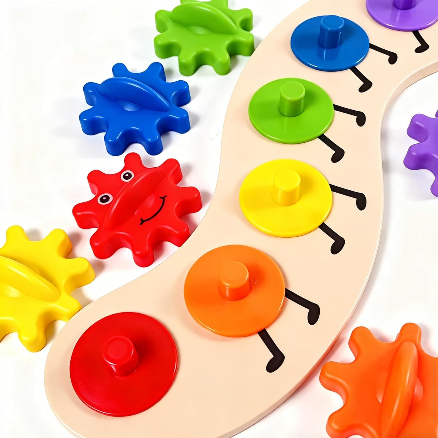 Rainbow Caterpillar Gear Toy - Teaches Color Names & Matching - Spinning Rainbow Baby Toy - Toddler Puzzle