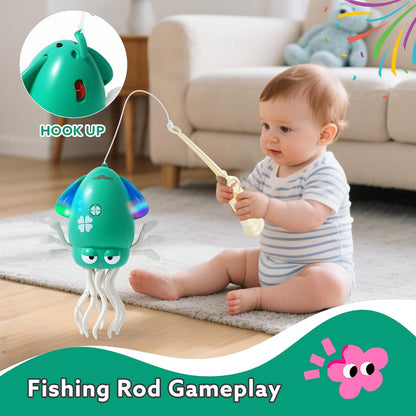 2026 New Electric Dancing Squid Toy with LED Lights & Music, Crawling Dancing Octopus Toys Tummy Time Toys, Magic Dancing Squid Baby Toys Obstacle Avoidance & Fishing Game