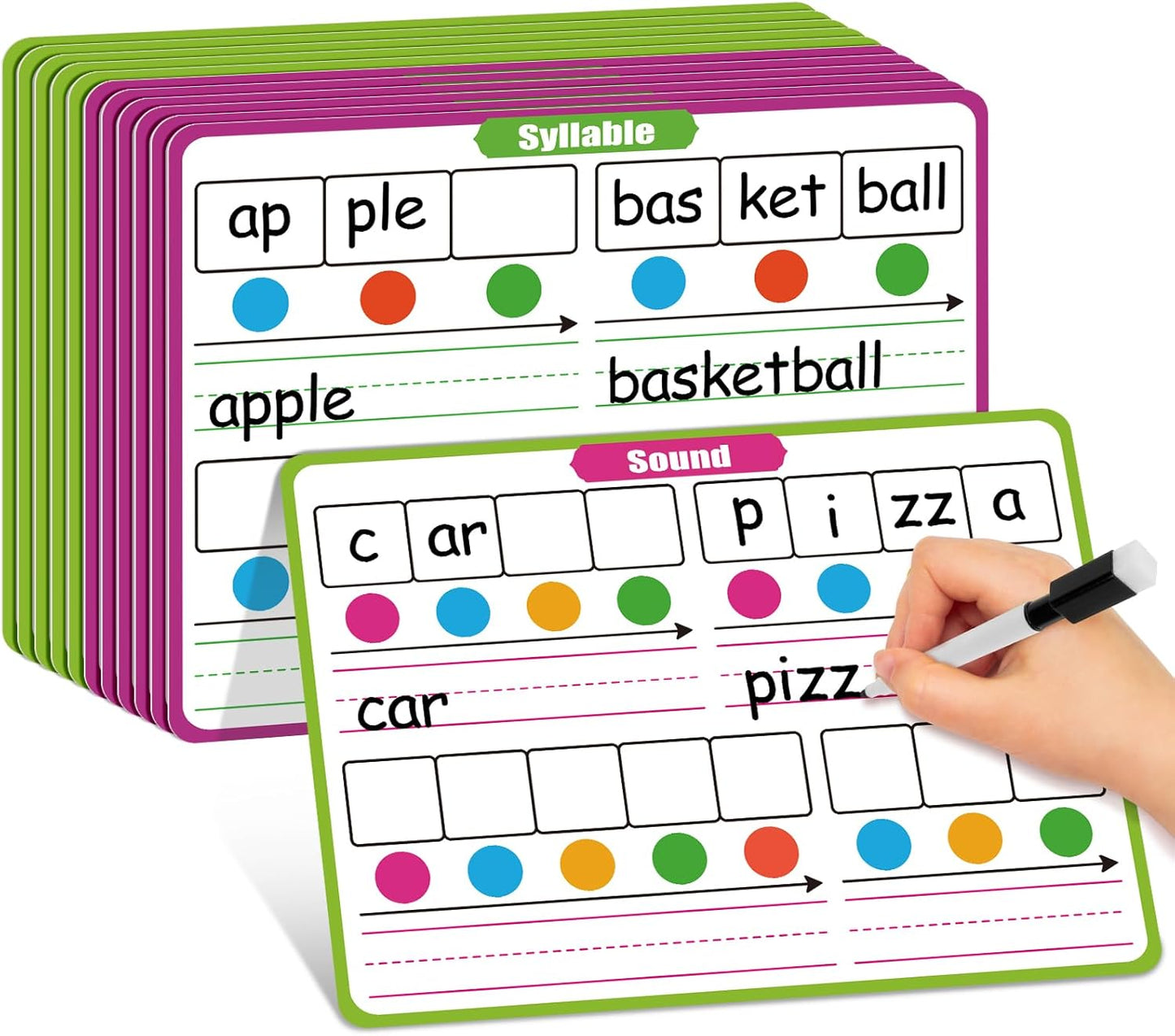 12 Pack Phonemic Awareness Dry Erase Card,9" x 12" Sound Syllable Speech Therapy Phonics Flashcard,Preschool Kindergarten Classroom Teacher Homeschool Supplies Science Reading Manipulative
