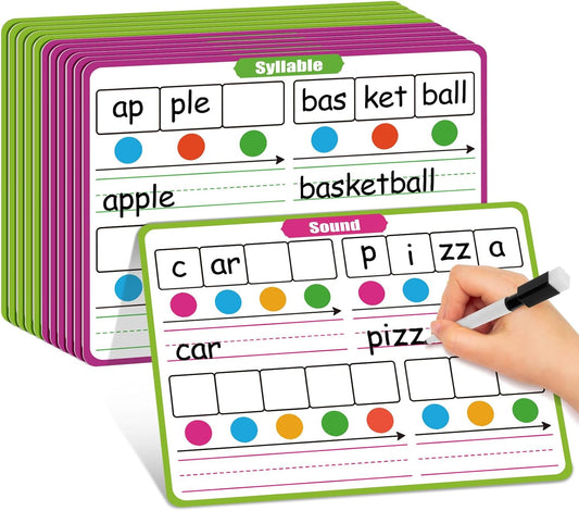 12 Pack Phonemic Awareness Dry Erase Card,9" x 12" Sound Syllable Speech Therapy Phonics Flashcard,Preschool Kindergarten Classroom Teacher Homeschool Supplies Science Reading Manipulative
