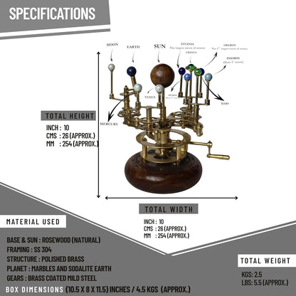 Solar System Model | Educational & Decorative Astronomy Orrery | Premium Brass Mechanical Planetarium (8" Earth & Moon)
