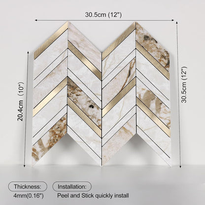 Yipscazo 10 Sheets Herringbone Backsplash Peel and Stick Tile, Marble Calacata Mixed Metal Gold PVC Stick on Backsplash for Kitchen, Waterproof Self Adhesive Wall Tile for Bathroom