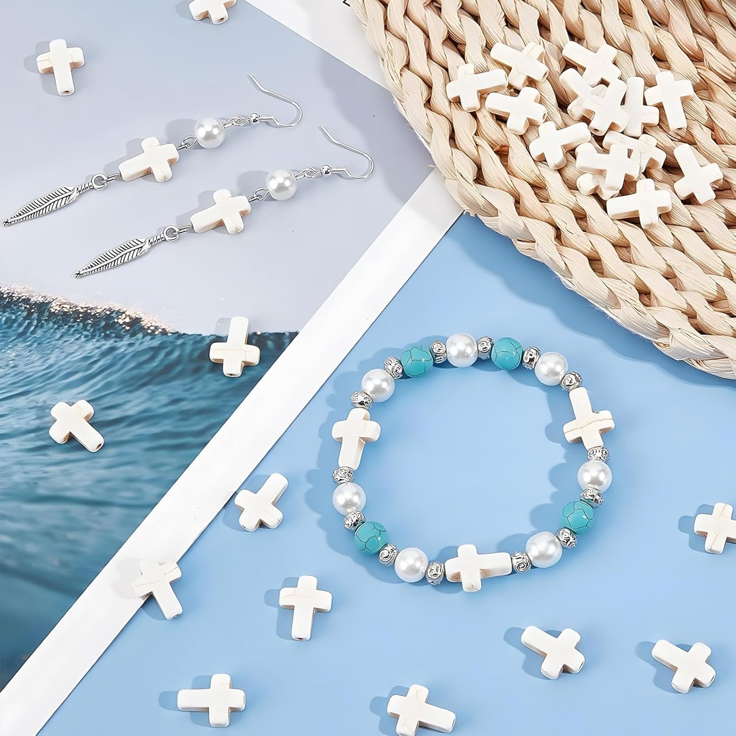 100pcs Blue and White Turquoise Cross Spacer Beads 8x10mm Semi Precious Stone Bead Easter Cross Gemstone Loose Beads for Jewelry Making Charms Beading Bracelets Necklaces Earrings Crafts